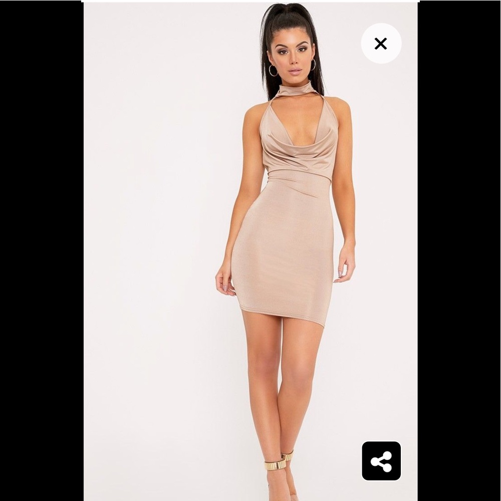 Golden Nude cowl neck checker bodycon dress